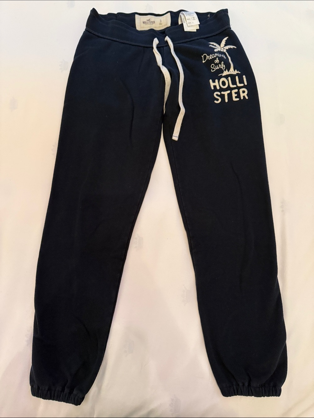 Hollister Navy Sweatpants with White Logo & Drawstring
